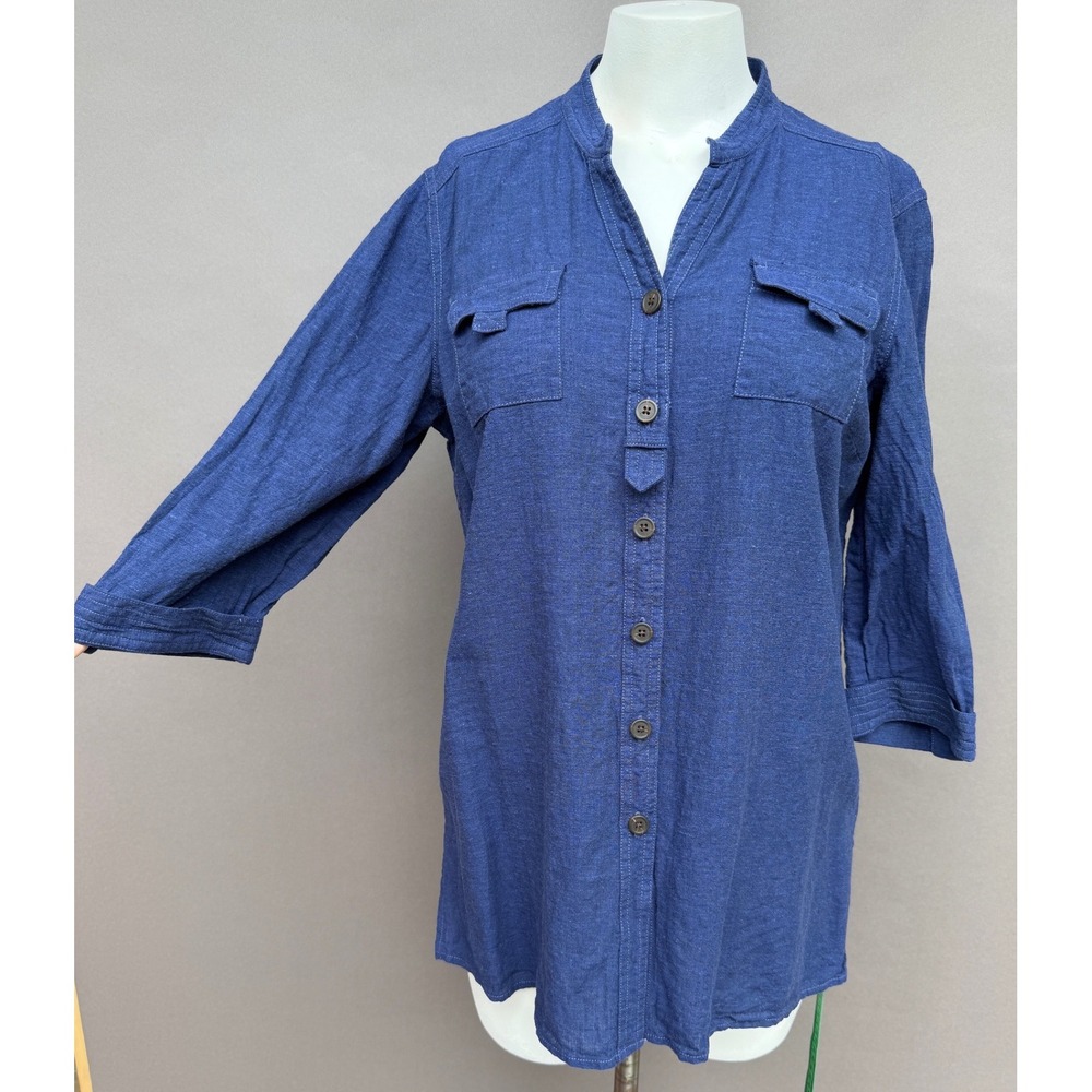Van Heusen Studio Linen Blend Tunic Top Large Blue 3/4 Sleeve Button Up Shirt L